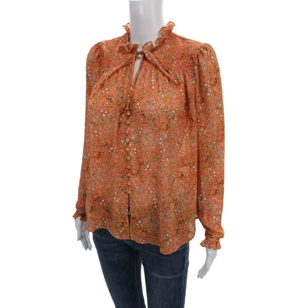 Free People Womens Tunic Orange Floral High Neck Long Sleeve Boho Size XS
